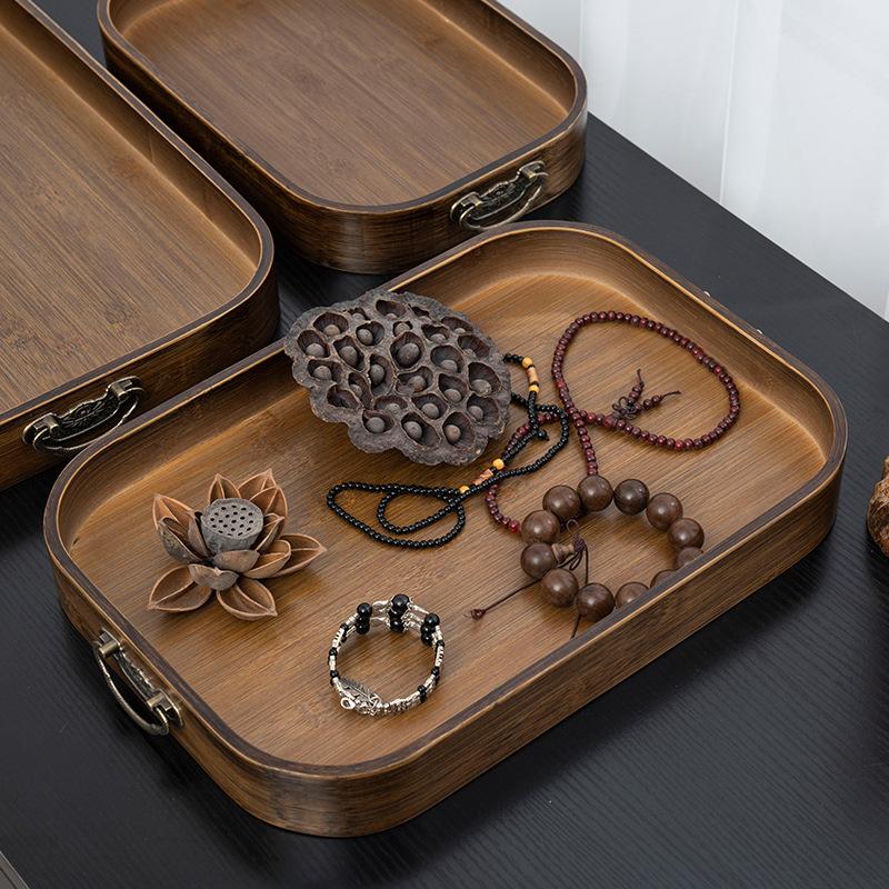 Tavă de ceai din bambus chinezesc retro, mâner metalic clasic, tavă din lemn, culoare nuc, tavă de depozitare, farfurie cu fructe, cină, geantă de depozitare