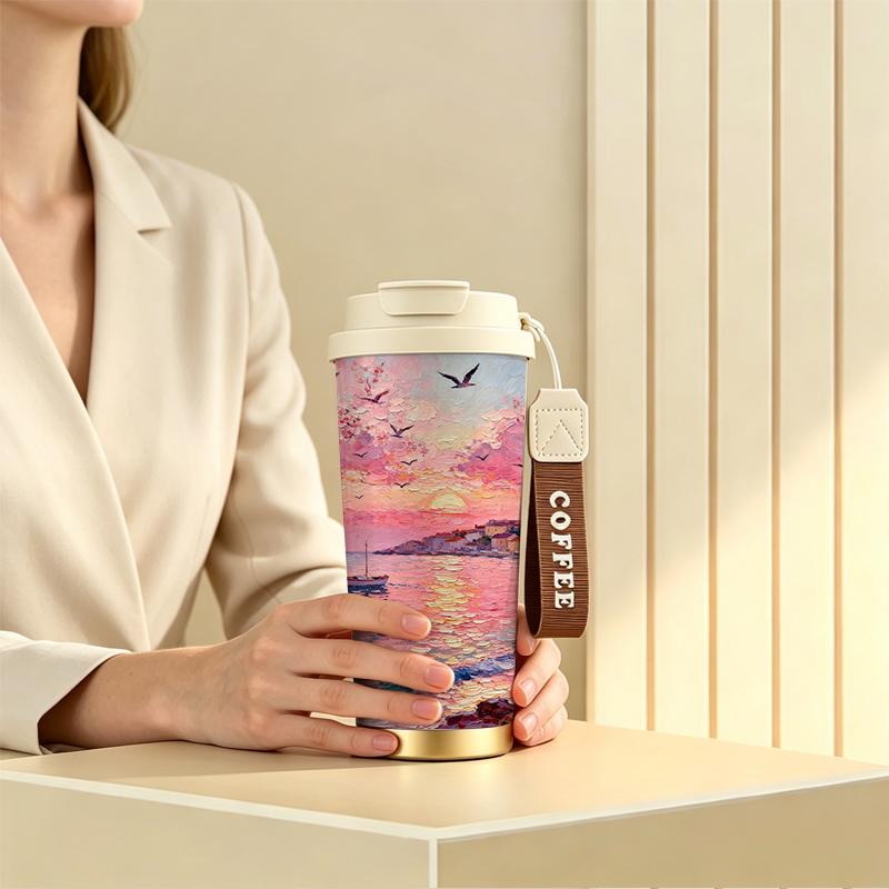 532ml Coffee Mug Coast Fishing Village Motif Stainless Steel Coffee Thermos Flip Sip Coffee Mug Portable Travel Coffee Mug Large Travel Coffee Cup 532ml Coffee Mug