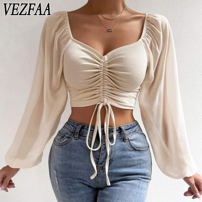 Camicette e camicie con scollo a V a maniche lunghe con stampa tinta unita primavera autunno moda casual da donna