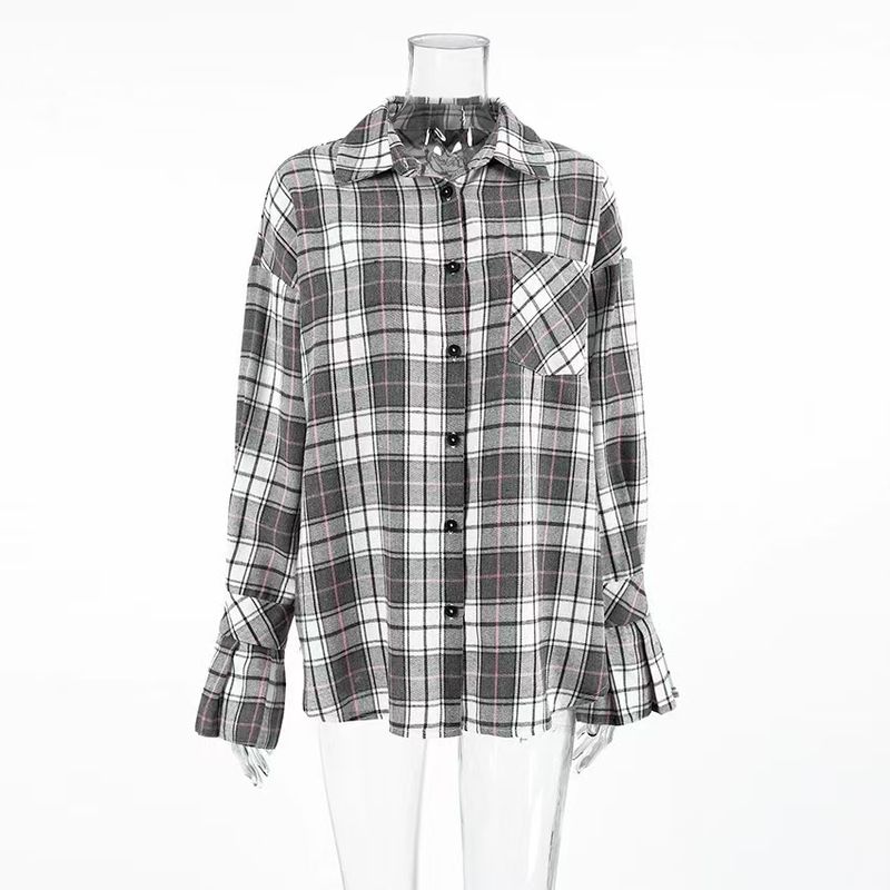 

Fashion Style Retro Casual Pocket Loose Shirt Gingham Long Sleeves Shirt Loose Checked Shirt Plaid S