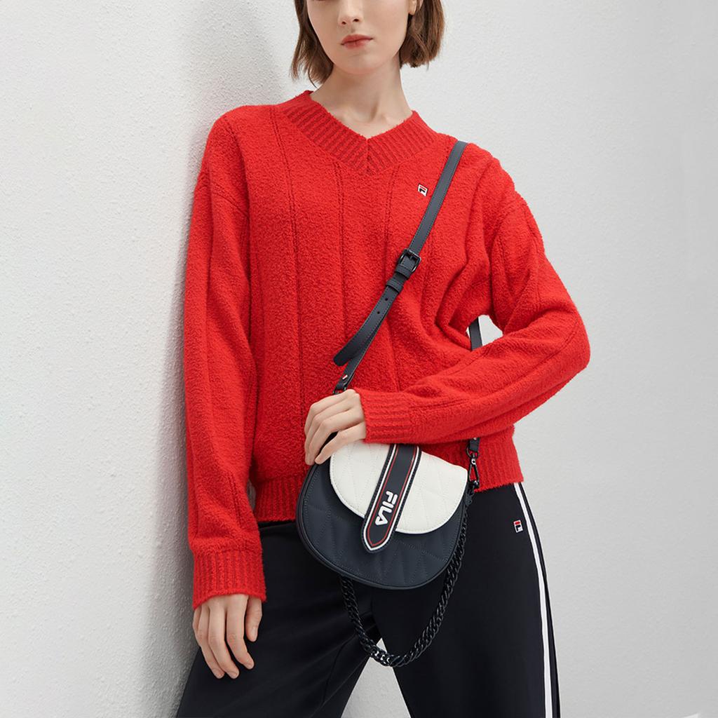 Fila Solid Color V-Neck Casual Pullover Sweater Women Sweater Legendary-Red F11W341408F-RD