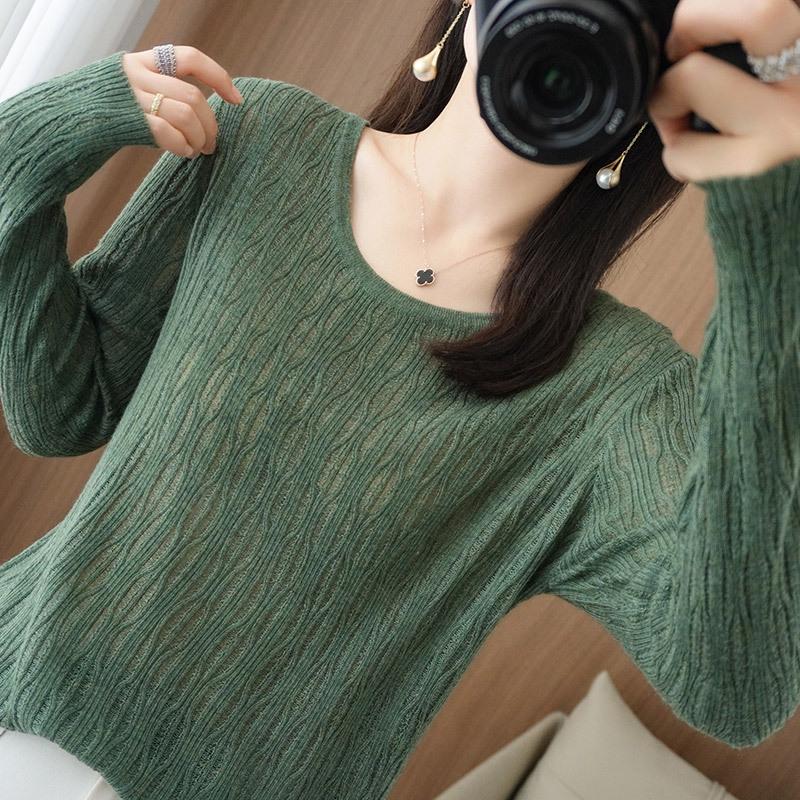 Women's Korean Style Loose Knit Pullover - Low Round Neck, Long Sleeve, Lightweight for Layering