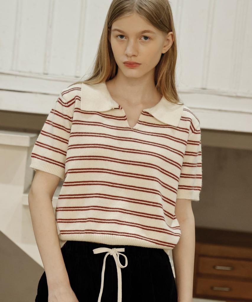 Waiowai Striped Collared Short Sleeve Knit_Ivory