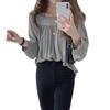 Spring and summer pullover gray long-sleeved cotton other sources temperament commuter lantern sleeves solid color round neck chiffon shirt