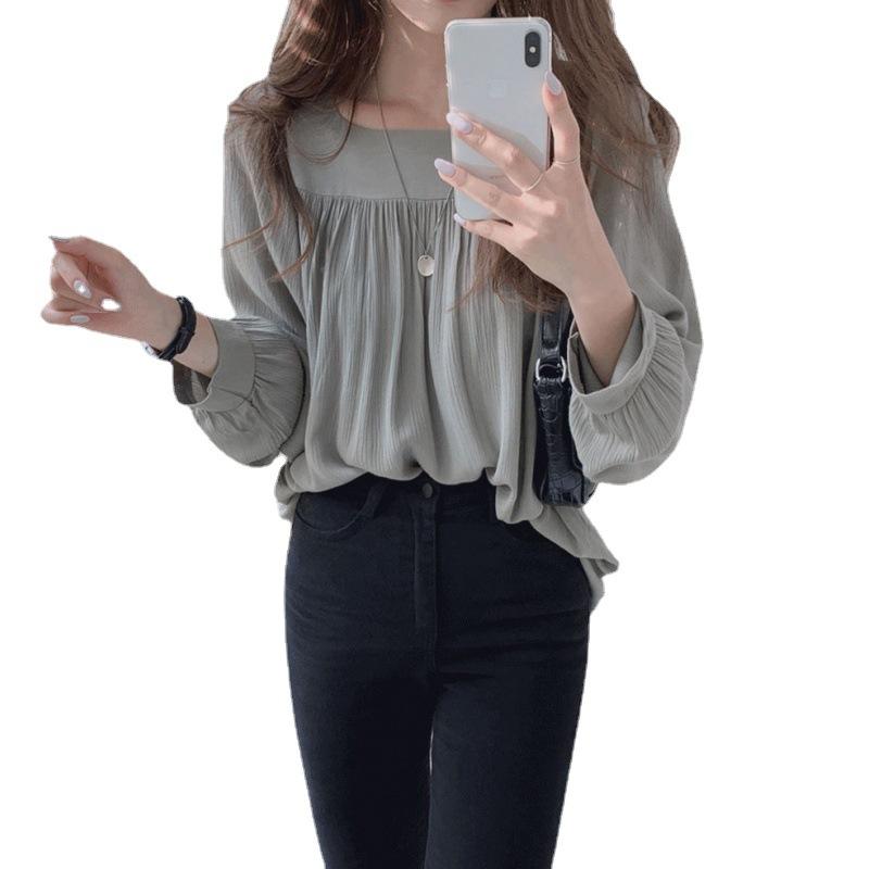 Spring and summer pullover gray long-sleeved cotton other sources temperament commuter lantern sleeves solid color round neck chiffon shirt