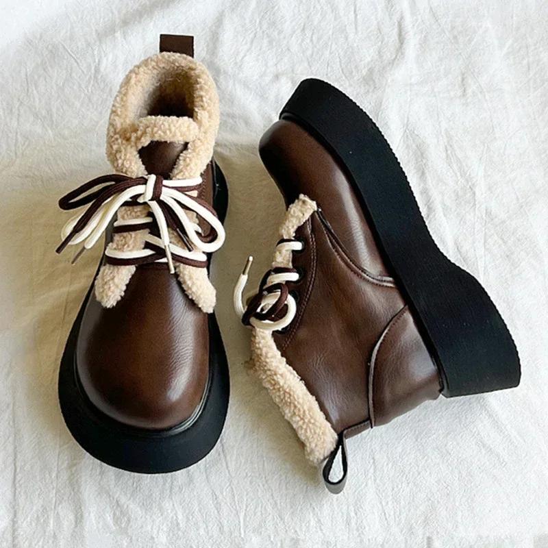 

Женские зимние бархатные сноубутсы, повседневные легкие ботильоны, теплые, модные 2025, на шнуровке спереди, на толстой подошве, для отдыха, женские ботинки 40 темно-коричневого