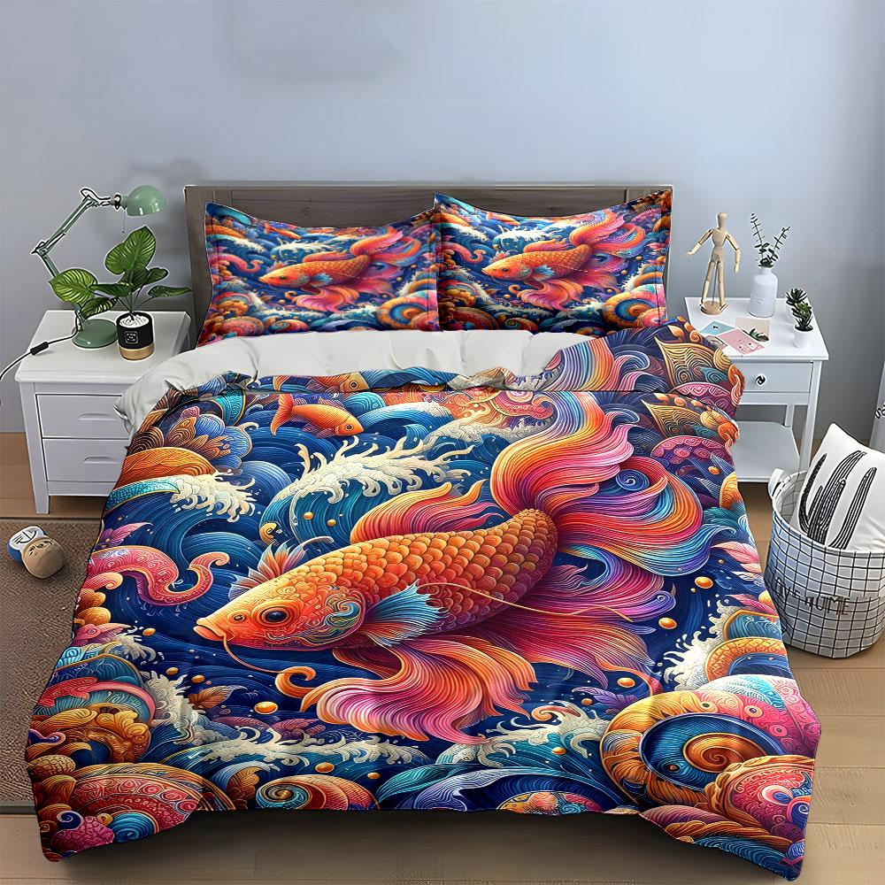 Colorful Fish Art Trio Decor 3Pc Multiple Sizes Kid'S And Adults' Bedroom Exquisite 3Pc Bedding Set, Gift