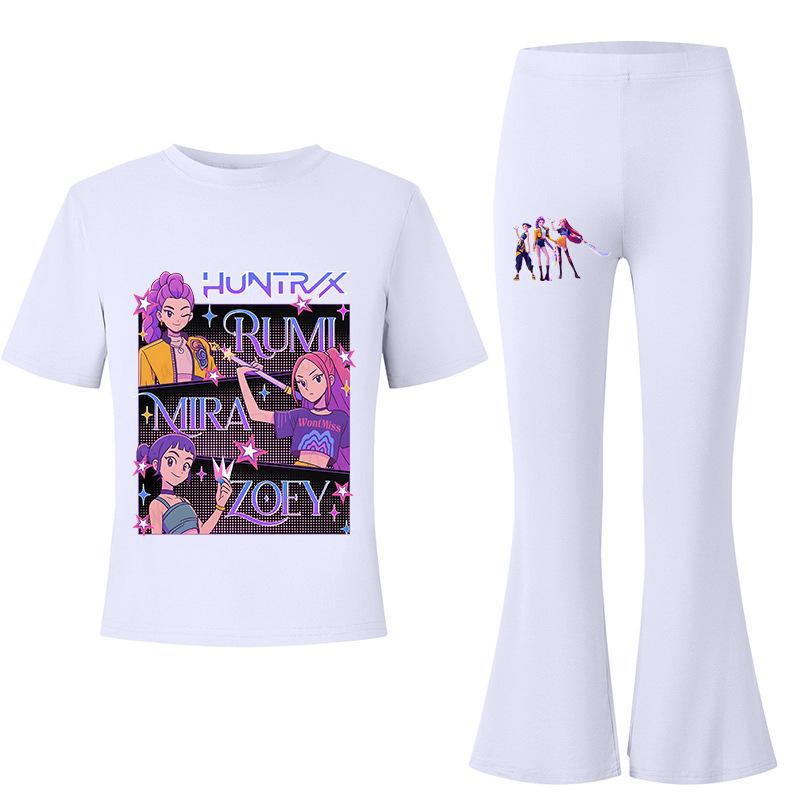 Demon Slayer KPOP Theme Big Kids Summer Short Sleeve T-Shirt + Draped Flared Pants Comfortable Non-Sweaty