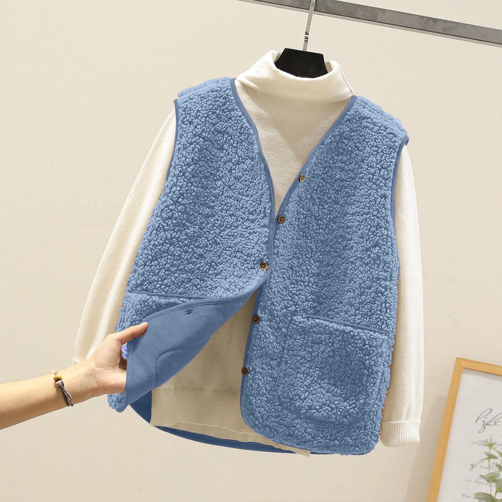 Women's V Neck Sleeveless Fleece Vest Loose Fit Casual Warm Waistcoat Jacket