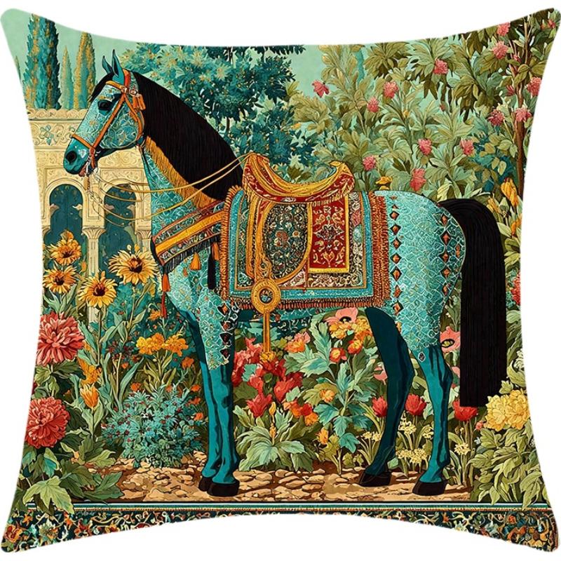Horse Floral Pillow Cover Polyester Artistic Home Decor Sofa Bed Cushion Skin Friendly Soft Plush Invisible Zipper Decor Gift