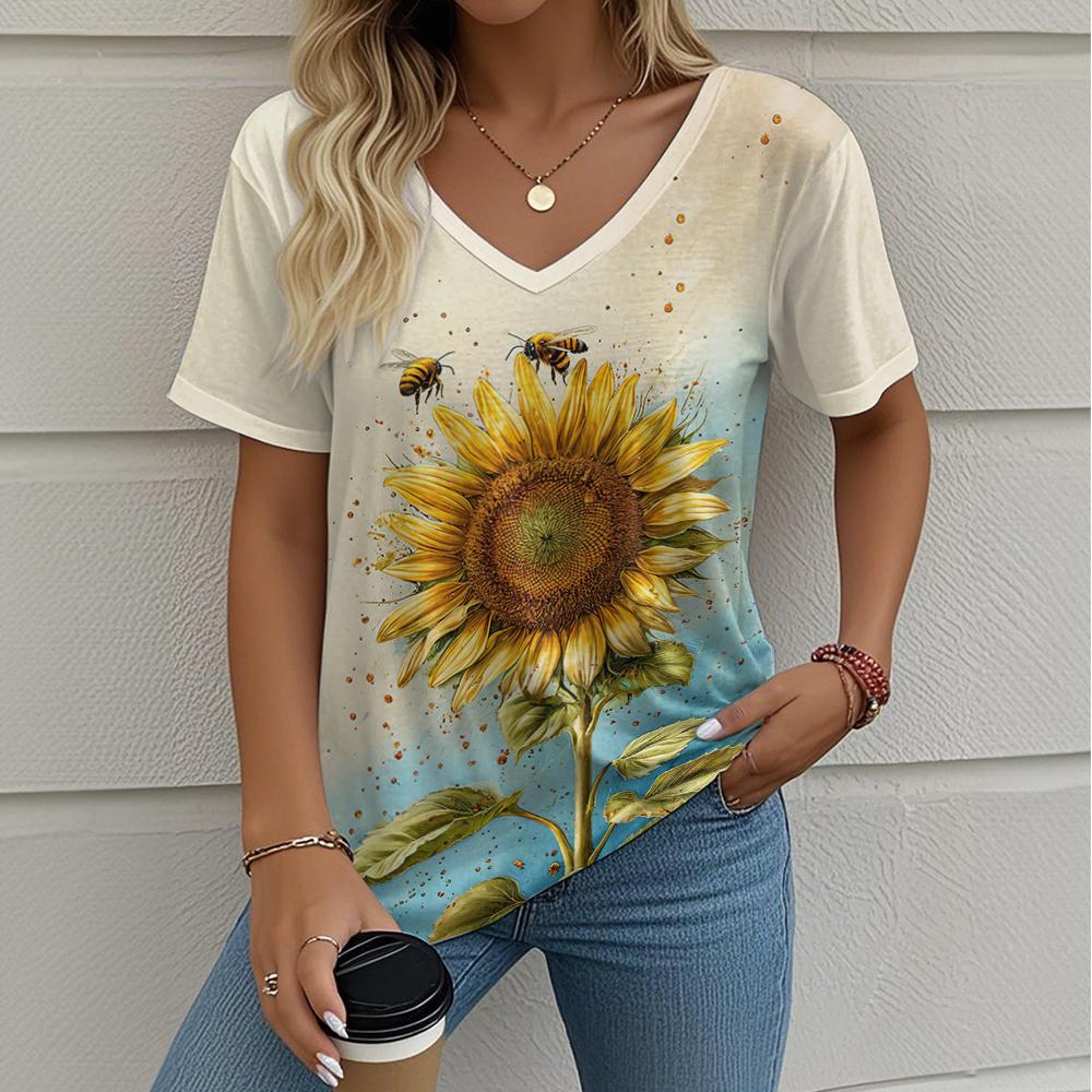 Letní gradientní 3D umělecký květinový potisk grafická halenka dámská s V-výstřihem módní retro oblečení volné oversized tričko
