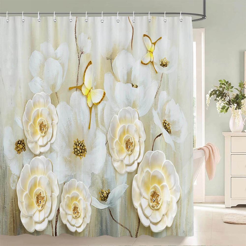 Tenda da bagno 3D con stampa di bellissimi fiori europei, tenda da doccia impermeabile in poliestere, tenda decorativa per la casa con ganci