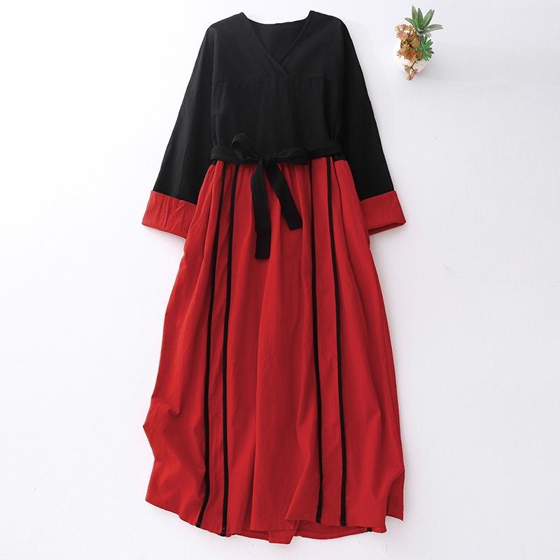 Solid Color Cotton and Linen Fan Dress Women's 2025 Spring New Lace-up Waist Long-sleeved Ethnic Temperament Long Skirt
