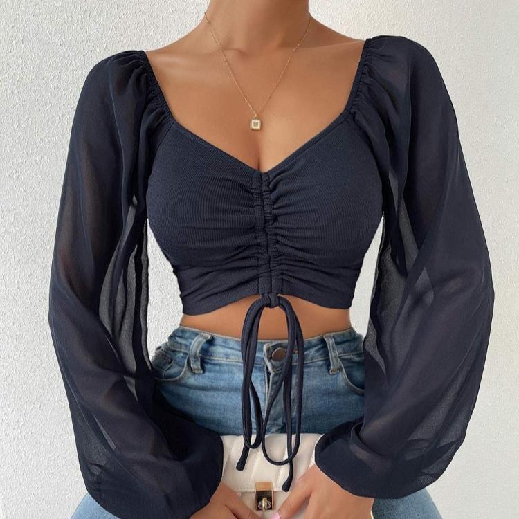 Women's Summer New V-neck Chiffon Drawstring Lantern Sleeve Tight Fashion Sexy Shirt Top