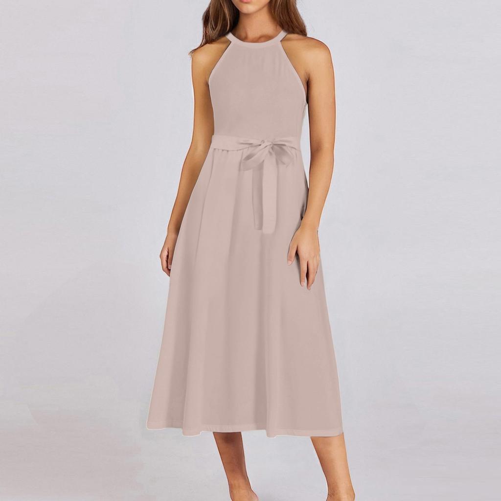 Women's Casual  Round Neck Midi Dress Basic Classic Outdoor Everyday Sleeveless Loose Boho Tie Dress  Summer Beach Sundress