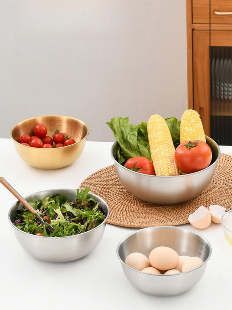 Stainless steel salad bowl with graduated lines, high aesthetic value, household fruit salad bowl, Korean style rice bowl