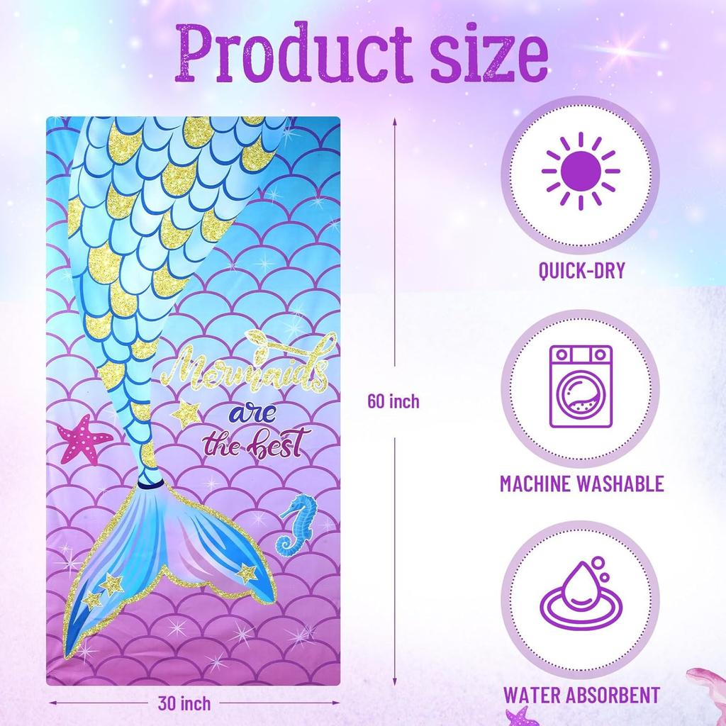 Kids Mermaid Beach Towels Quick Dry Sand Free Absorbent Bath Pool Beach Towel for Girls Travel Shower Swimming Camping Kids