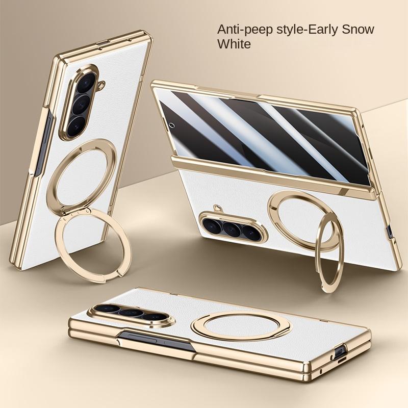 For Samsung Galaxy Z Fold 7  Leather 360° Swivel Bracket Magnetic Tempered Glass Front Membrane Anti-Drop Fingerprint Phone Case