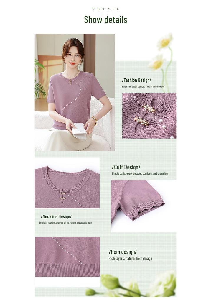2026 New Style Ice Silk Summer T-Shirt for Middle-Aged & Elderly Moms - High-End, Short-Sleeved, Stylish Knit Top