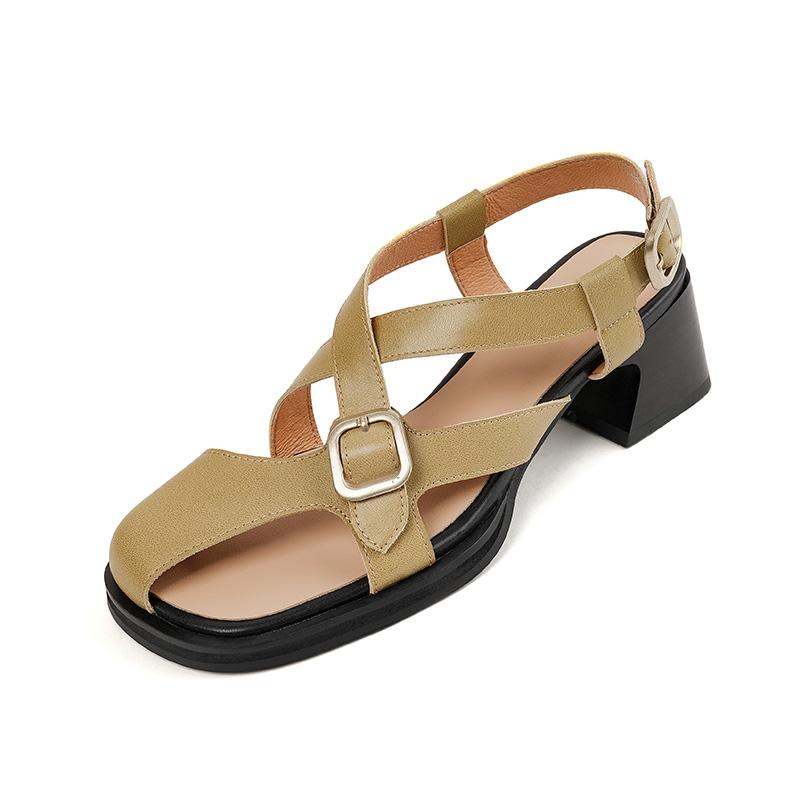 

2024 Летние ретро женские сандалии на квадратном каблуке из натуральной кожи качественные туфли-лодочки для отдыха в стиле вечеринки для офиса женская обувь для женщин 34