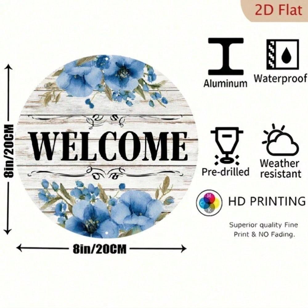 1pc Rustic Blue Floral Metal Welcome Sign 8x8 Inch Aluminum Spring Wreath Attachment for Home Door Decor