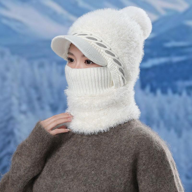Fleece Verdickte Gestrickte Thermomütze Damen Wollmütze Outdoor Winddicht Halsbedeckung Einteilige Mütze