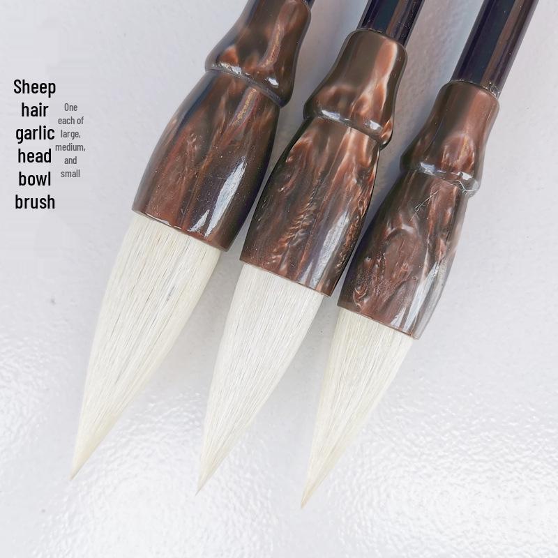 Mixed Hair Chinese Painting and Calligraphy Brush Set: Garlic Head Brush with Sheep and Wolf Hair—Large, Medium, Small for Peony and Plum Painting.