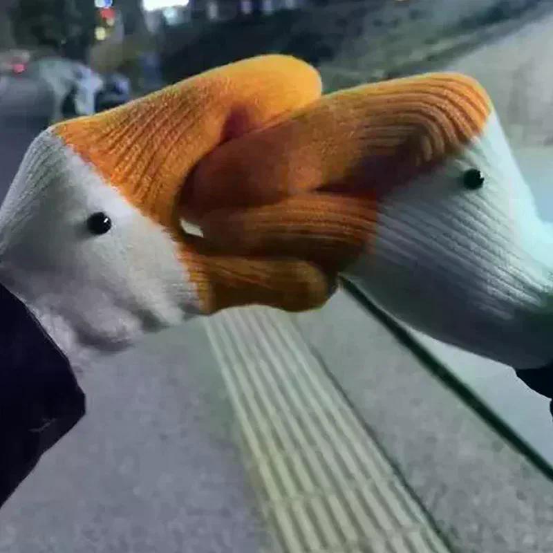 1 Paar Süße Lustige Gänse Gestrickte Handschuhe Für Frauen Winter Fleecegefüttert Verdickt Doppellagig Warm Kälteschutz Handschuhe