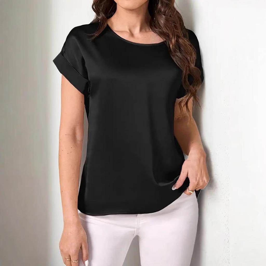 2025 Women's Summer Glossy Solid Color Short Sleeve Loose T-shirt