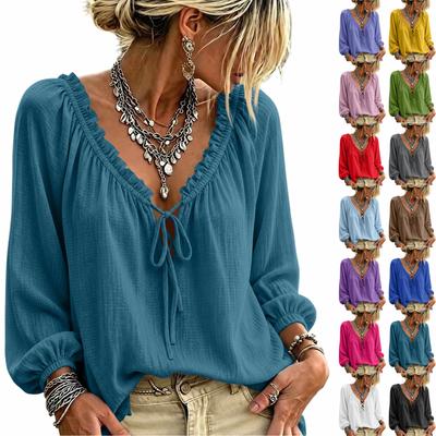 Women's Casual Long Sleeve V Neck Top with Tie Front Ruffle