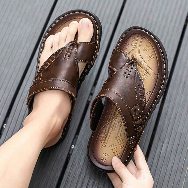 Summer  Leather Slippers Trendy Mens Flip flops Outdoor Breathable Comfortable Men and Simple Sandals