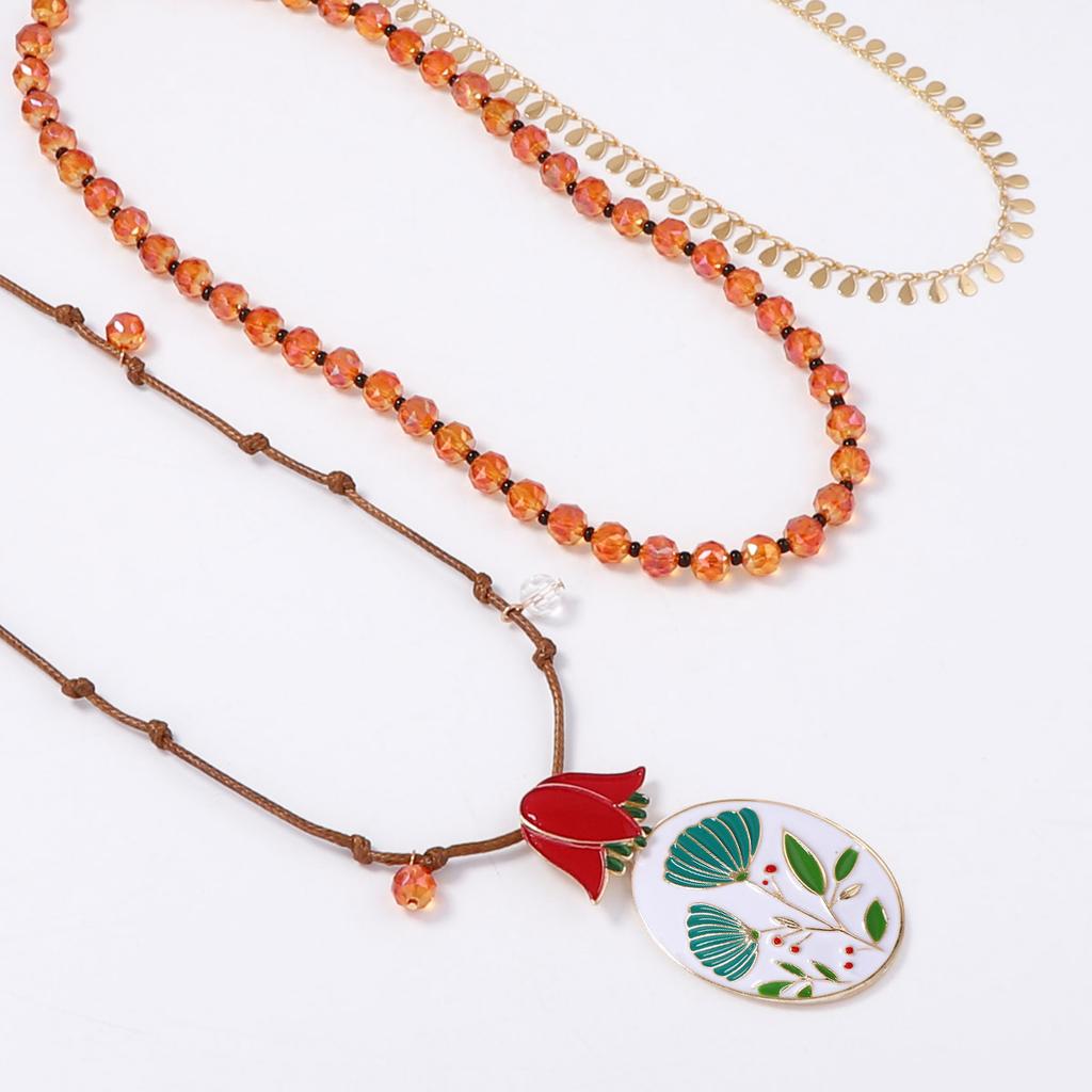 Light Luxury High-end Creative Design Sense Beaded Braided Rope Type Alloy Dripping Flower Pendant Multi-layer Necklace Women