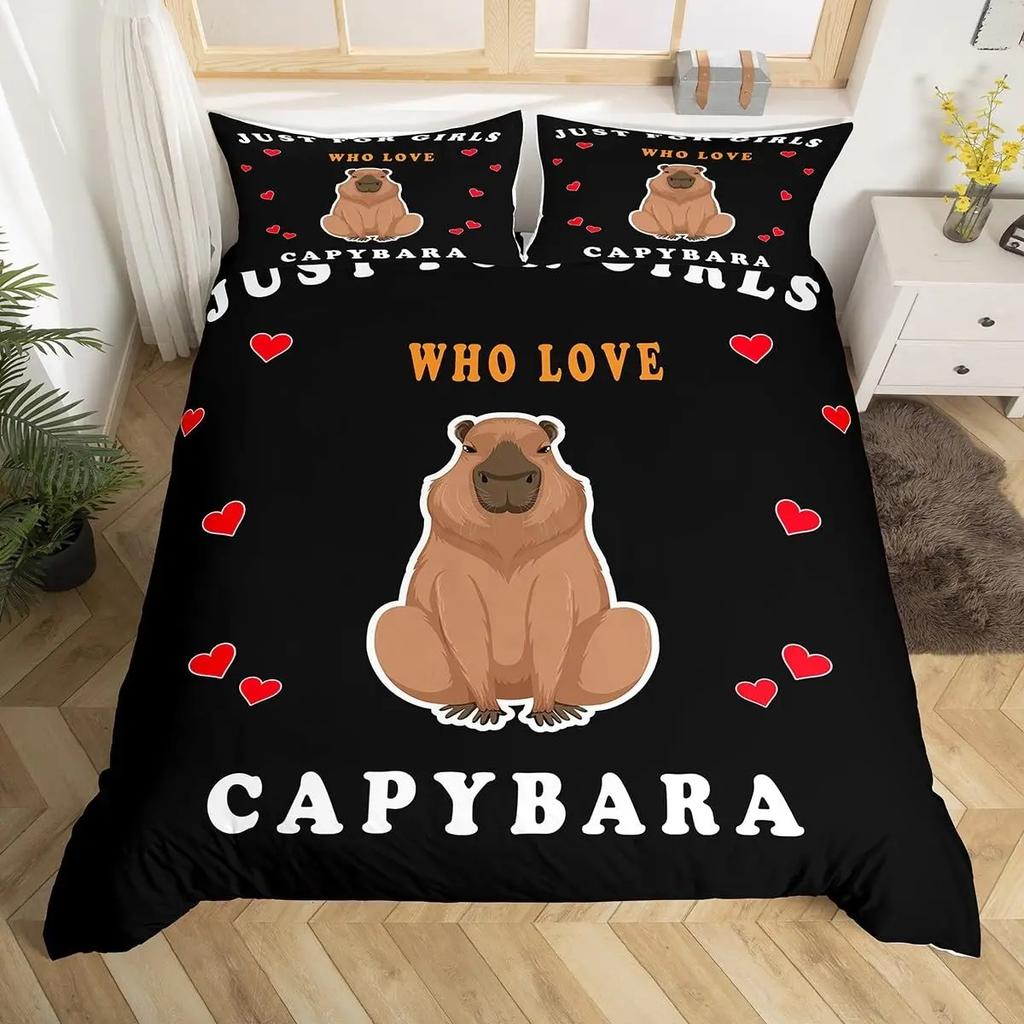 Cute Capybara Print Bedding Sets Full Kawaii Honey Bee Comforter CoverCartoon Animals Bed Set Red Love Heart Print Duvet Cover