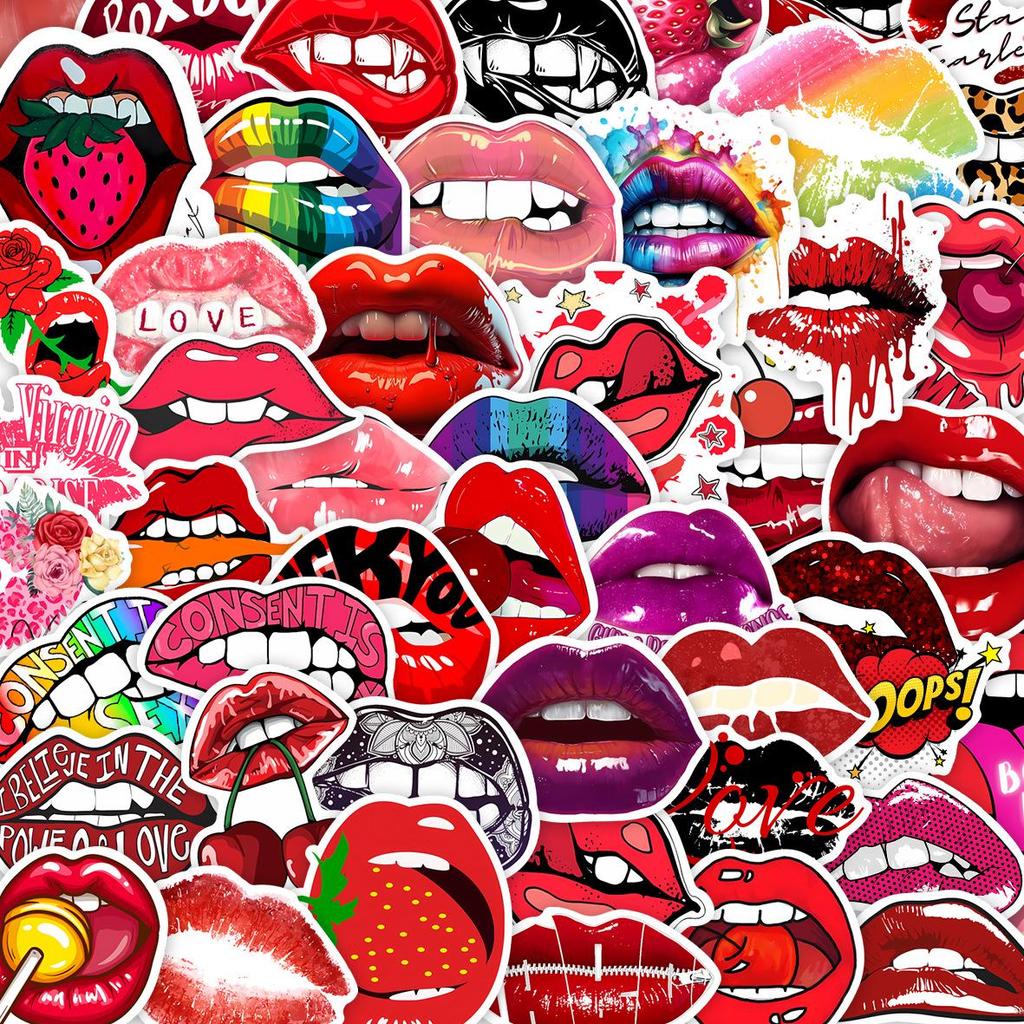 50 PVC Red Lips Cartoon Graffiti Stickers for DIY Stationery & Suitcase Decoration