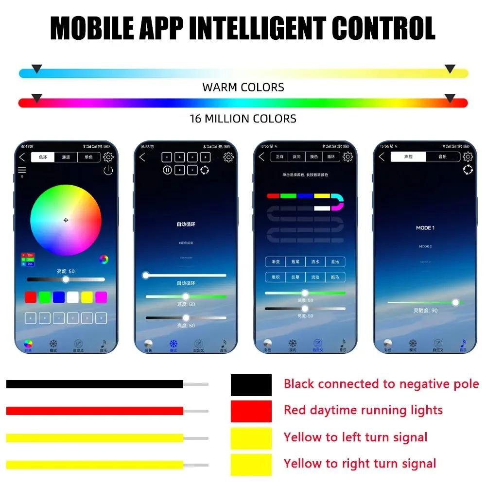 2pcs 12V RGB Car Led Strip Lights Flowing Turn Signal Lamp App Control Flexible Decorative Strip Waterproof DRL Day Running Lamp