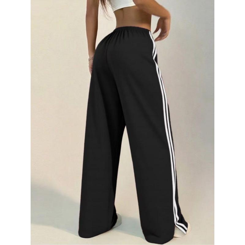 High-waisted Loose Sports Trousers with Side Stripes, Versatile Slimming Straight Drape Casual Wide-leg Pants for Women