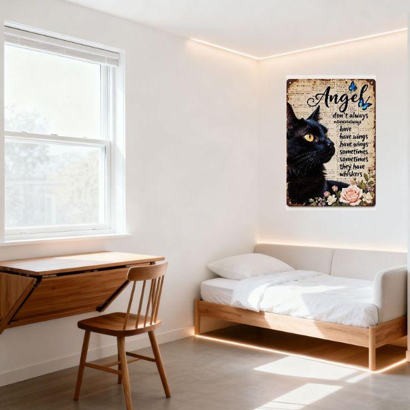 Vintage Black Cat Metal Sign with Yellow Eyes, 'Angel' Cursive Text, Butterflies, Rustic Whiskers Quote - Old Newspaper Backgrou