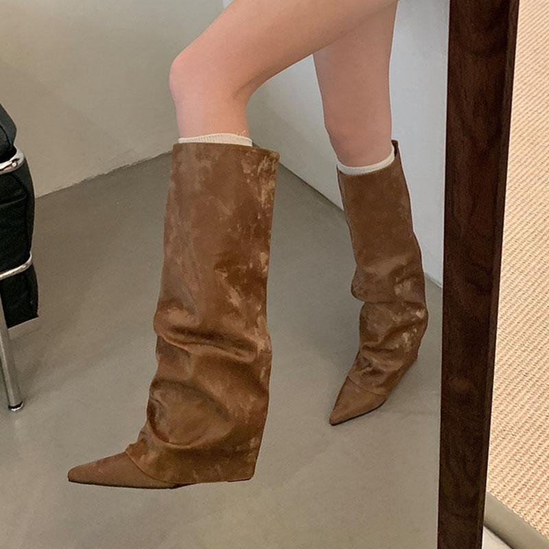 

Мода 2025 Новая мода Женские ботфорты с острым носом и клиновидной подошвой Женская современная обувь Длинные западные сапоги Обувь слипоны Туфли-лодочки 35 абрикосовый