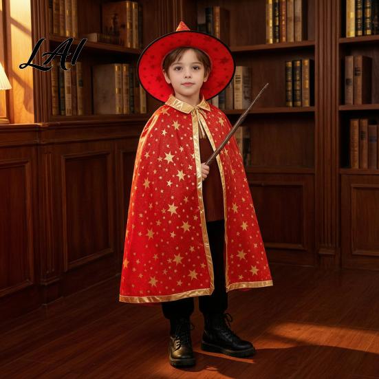 Mantello da Mago con Stampa di Stelle per Bambini con Cappello per Ragazzi Ragazze Costume da Strega per Halloween Mantello Accessorio per Feste Cosplay Vestito di Carnevale Servizio Fotografico