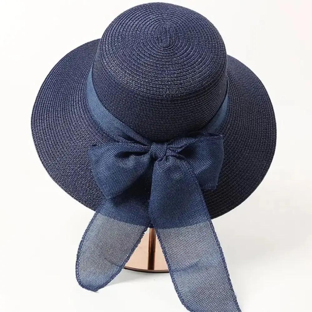 New Summer Women Sun Hat Casual Fashion Bowtie Fisherman Hat Straw Hat with Bow Ribbon Travel Beach Hat
