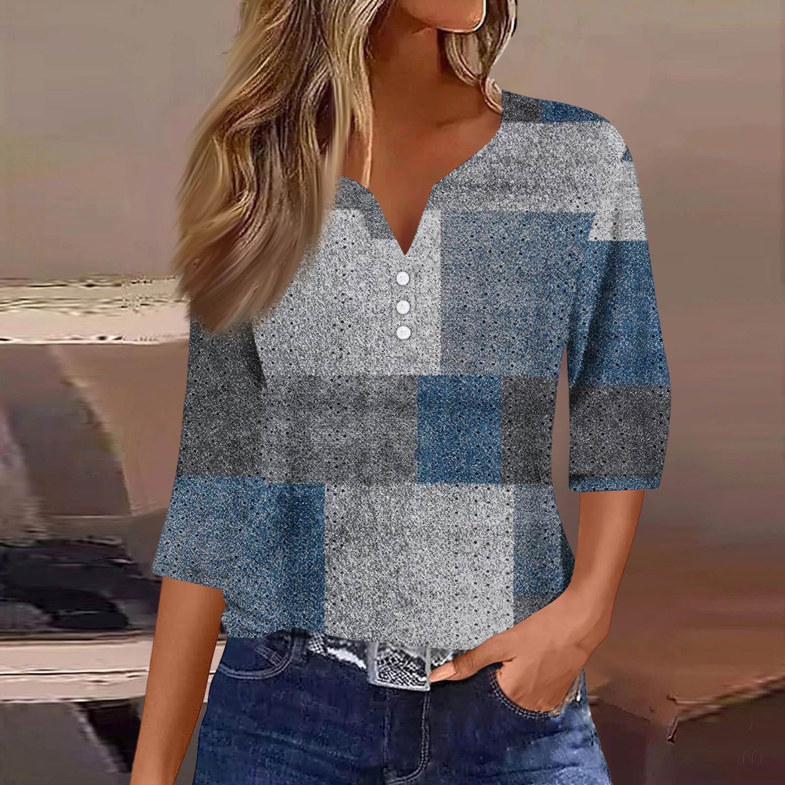 

Женская модная футболка с V-образным вырезом, пуговицами, рукавами семь, повседневная полосатая клетчатая футболка с принтом L синий