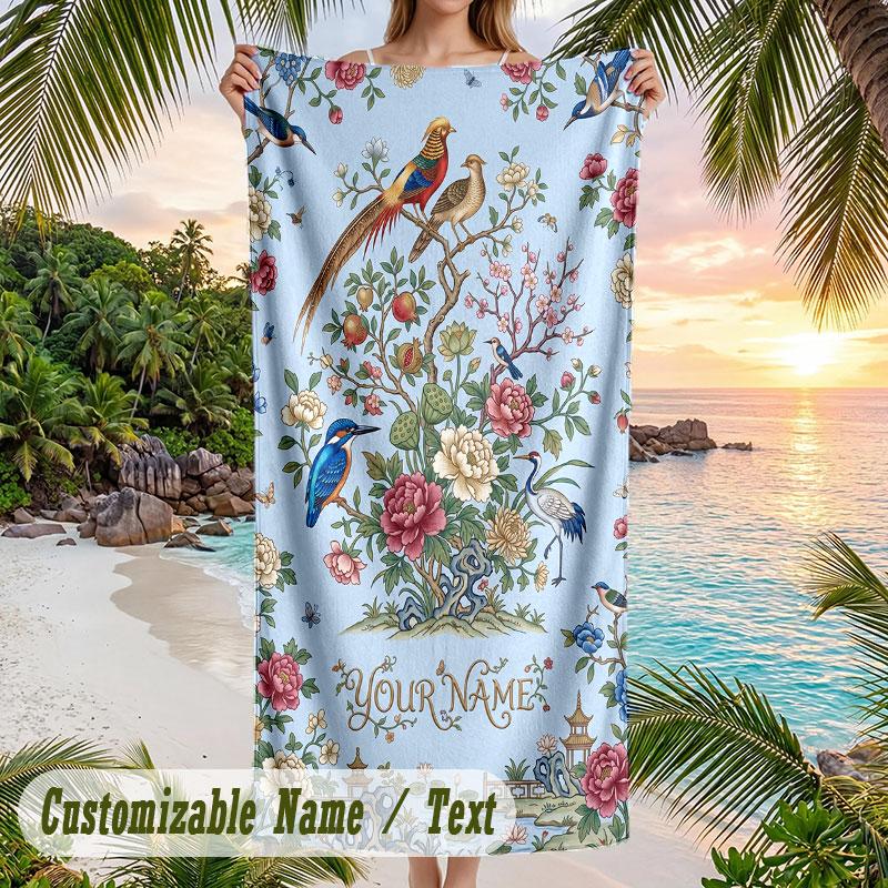 Floral Birds Artwork 1 Theme Quick Dry Beach Towel Custom Name Text Print Large Sand Resistant Towel Beach Vacation