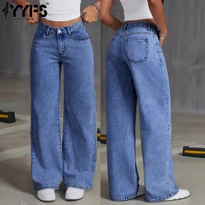 Women's High Waist Straight Leg Jeans, Loose Wide Leg Jeans, Light Blue Acid Wash Stretch Jeans with Pockets, Casual Office Trousers