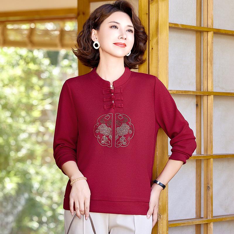 

Mom s Autumn Stand-up Collar Long Sleeve Blouse - Elegant National Style for Middle-aged and Elderly Women 5XL (suggested for 145-155 lbs)