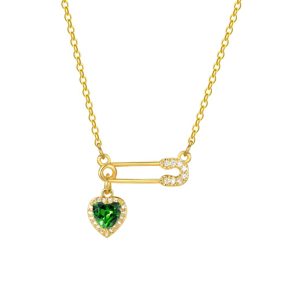Cubic Zirconia Heart Love Charms Safety Pin Pendant Necklace, Women Necklace Adjustable Stainless Steel Jewelry