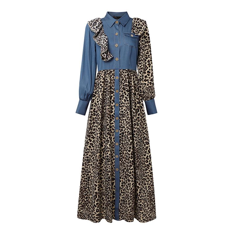 

ZANZEA Autumn Women Casual Turn Down Collar Long Sleeve Leopard Print Long Dress 5XL синій