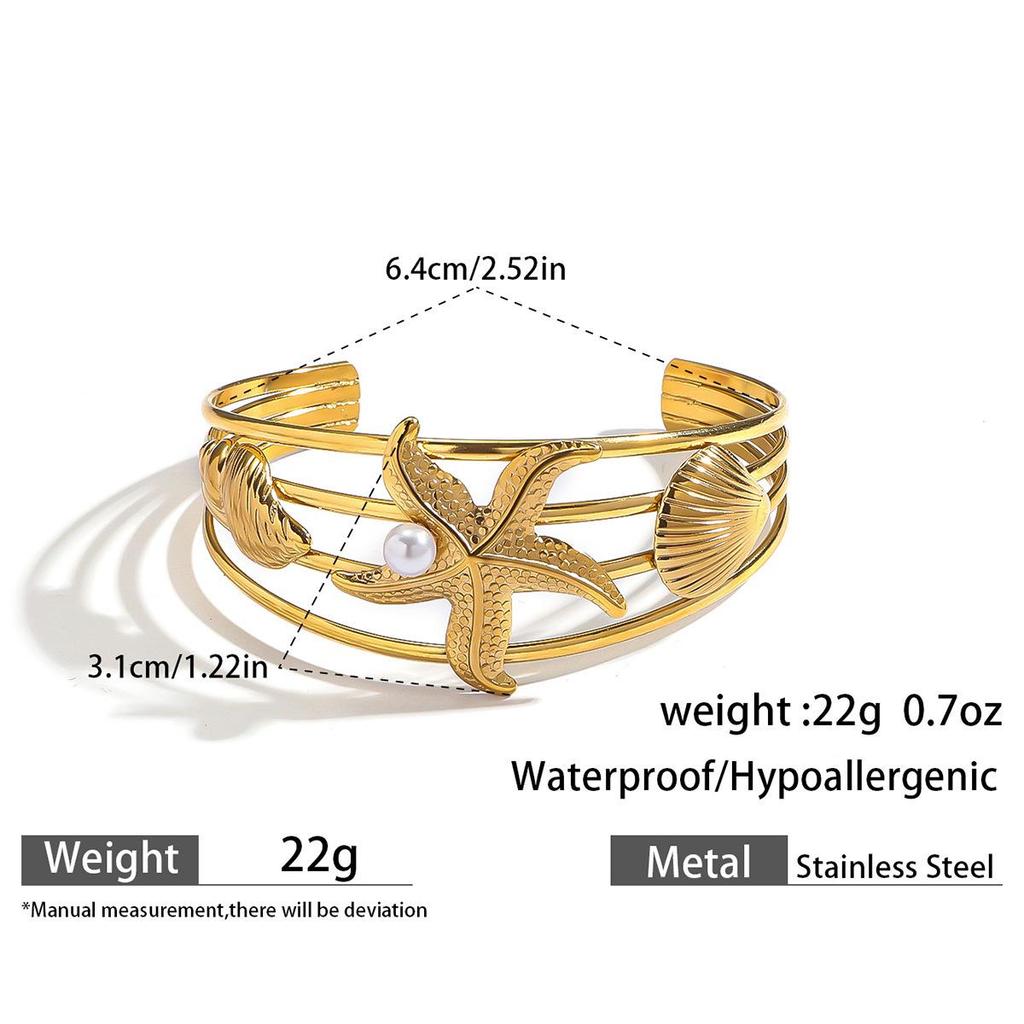 European & American Ocean Style Stainless Steel Bracelet with Starfish, Seashell, Coral Flowers, and Natural Stone Bangle Hand Jewelry.