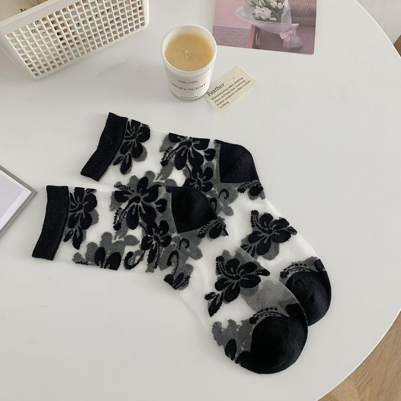 Women'S Socks Spring Summer Thin Cotton Socks Lace Flower Silk Fairy Stockings Hollowed Out Breathable Fashion Socks S
