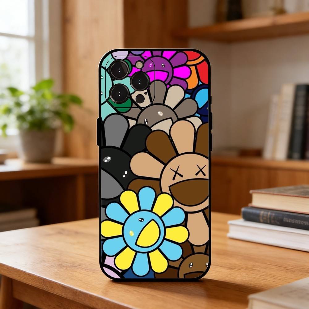 Vibrant Pop Trend M-MurakamiS Art Phone Case For iPhone17,16,15,14,13,12Plus,Pro Max,XS,5G Soft Silicone Black Cover