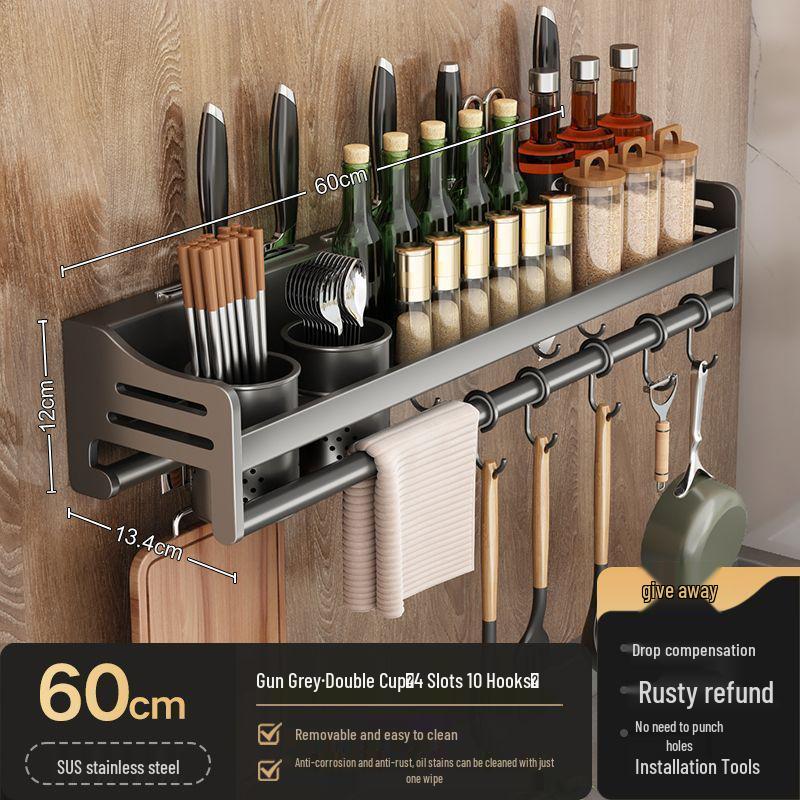 Stainless Steel Wall-Mounted Kitchen Rack with Chopstick, Knife, and Spice Storage